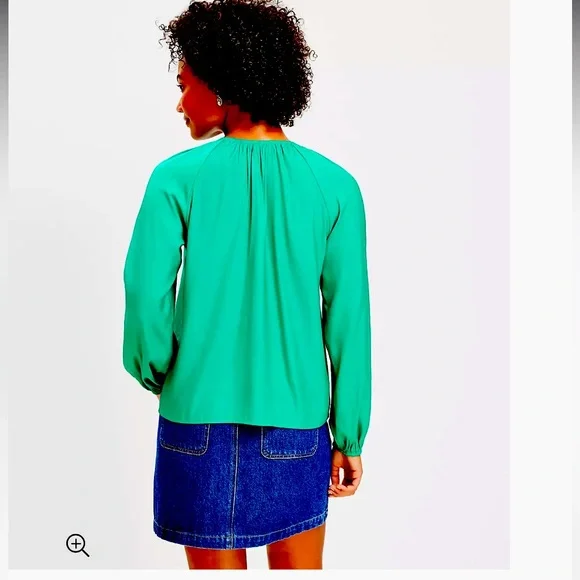 Loft Emerald Glow Shirred Raglan Long Sleeve V-neck Blouse - Picture 3 of 14